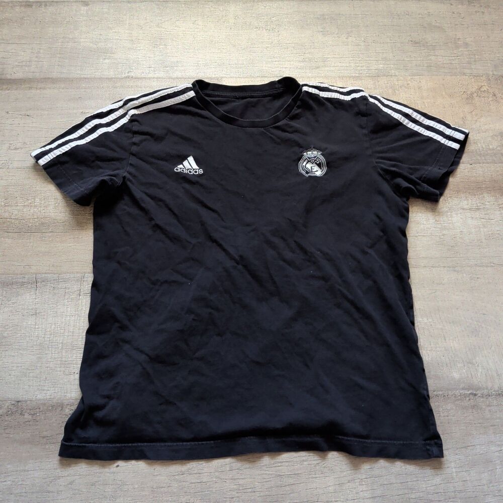 ​Adidas Real Madrid Soccer T-Shirt Black White Three Stripes Embroidered Crest M